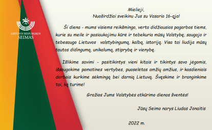 LR Seimo nario Liudo Jonaičio sveikinimas